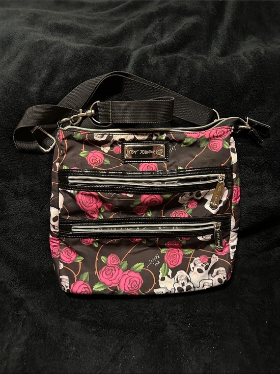 Betsey Johnson Handbags - Betsey Johnson Black Crossbody Bag with Pink Rose & Skull Motif